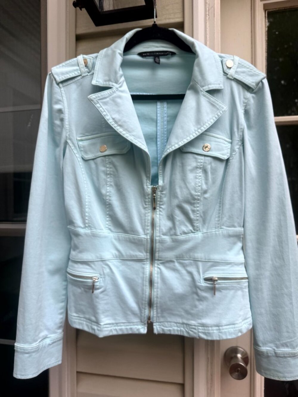 White House Black Market (WHBM) Stretch Zip Front Aqua Blue Peplum Jacket Size 6 - Picture 3 of 4
